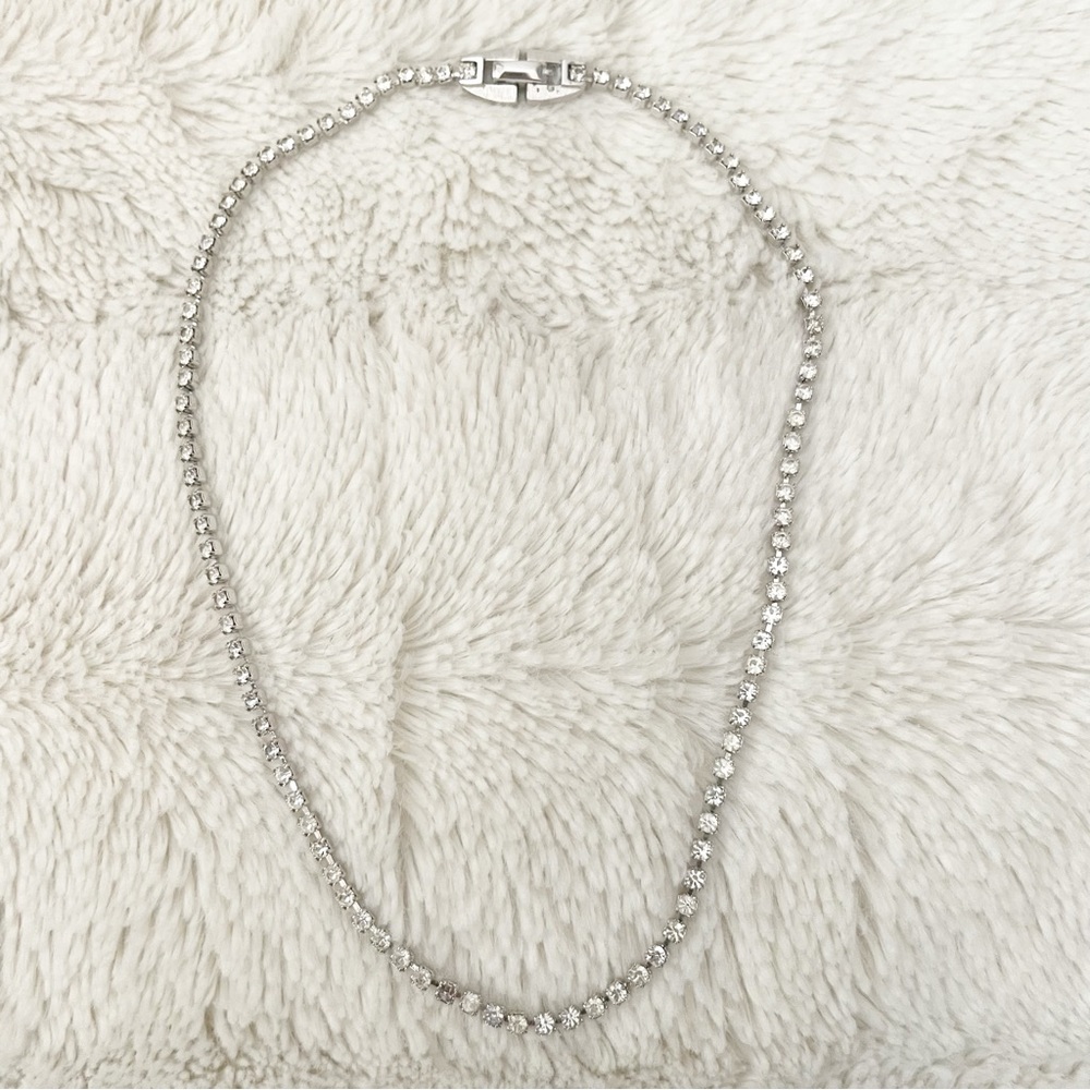 Joel Mazer Jewelry Vintage Silver Necklace with Clear Stones 14 inch